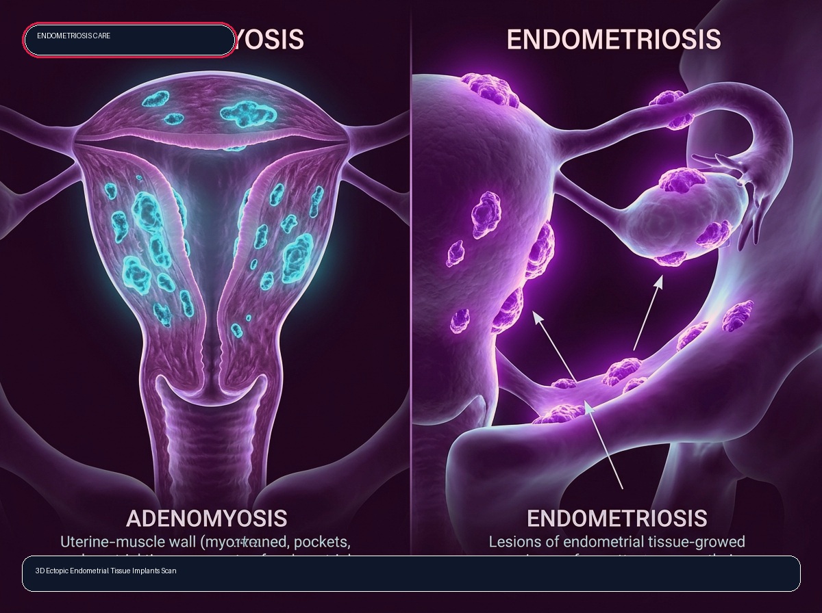 3D Anatomical model showing endometrial-like tissue deposits outside the uterine cavity.